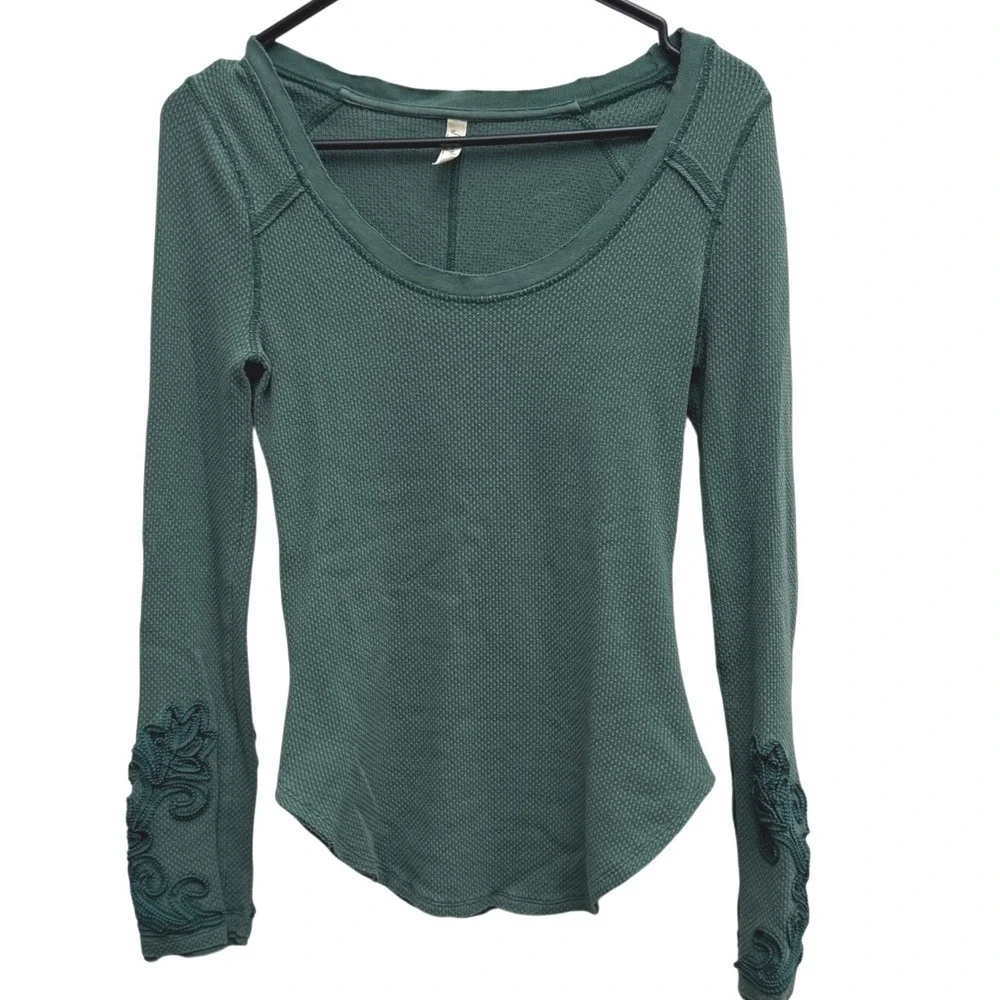 Free People SP Small Petite Thermal Knit Top Green Embroidered Long Sleeve Boho